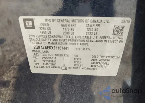 2015 Chevrolet Equinox 1Lt z USA, uszkodzony, nr VIN 2GNALBEKXF1167441